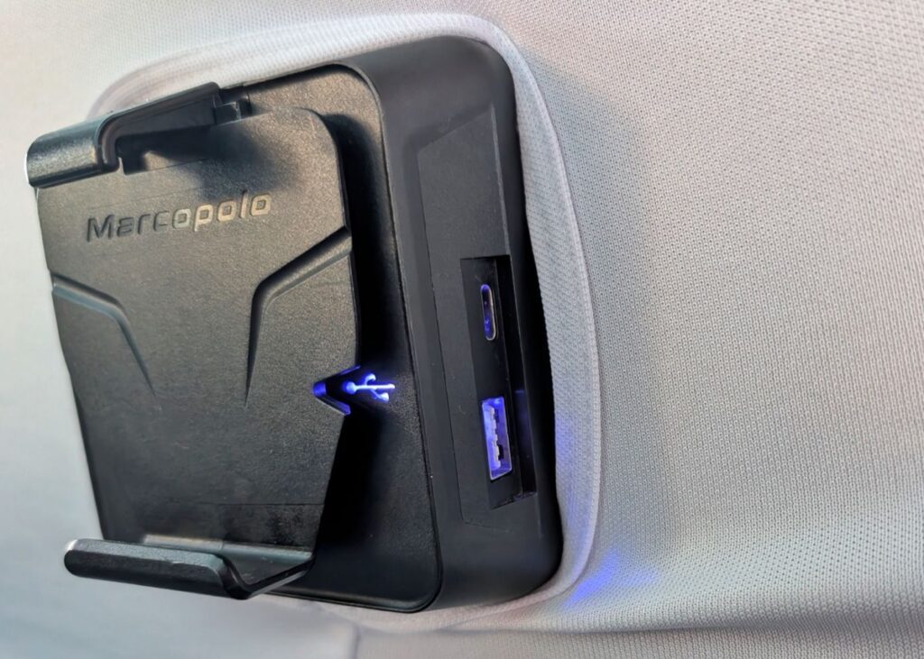 Phone holder on the Bus Seats on a Turil bus in Uruguay